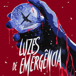 Recorte da capa de Luzes de Emergência que mostra a ilustração de uma mão segurando um globo de neve com um avião dentro sobre um fundo vermelho e o título Luzes de Emergência em uma fonte de caligrafia em letra bastão, tudo em tons um pouco assustadores.