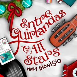 Recorte da capa de Entre Guirlandas e All Stars que mostra o título do livro e o nome da autora, Mary Dionísio, em fontes de caligrafia. Em torno há pedaços de ilustrações de guirlanda de natal, vioção, disco e um cartão postal.