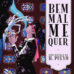 Recorte da capa de Bem Mal Me Quer, onde aparece a ilustração de uma mulher vendada e de terno, ajoelhada, cercada de papoulas, estendendo uma chave pra uma mulher monstro parcialmente oculta, enquanto esta a lambe com uma língua longa e azul
